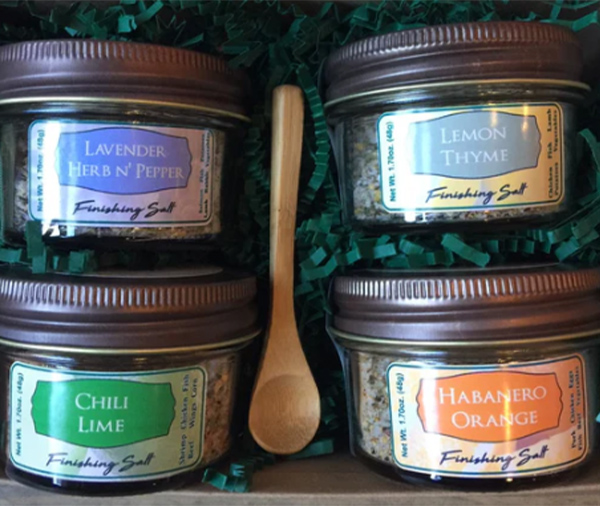 <b>Gourmet Finishing Salt Gift Set: </b>Habanero Orange, Chili Lime, Lemon  Thyme, Lavender Herb n’ Pepper and a small bamboo serving spoon in a decorative box that doubles as a mailer. Recipe cards included with each box.